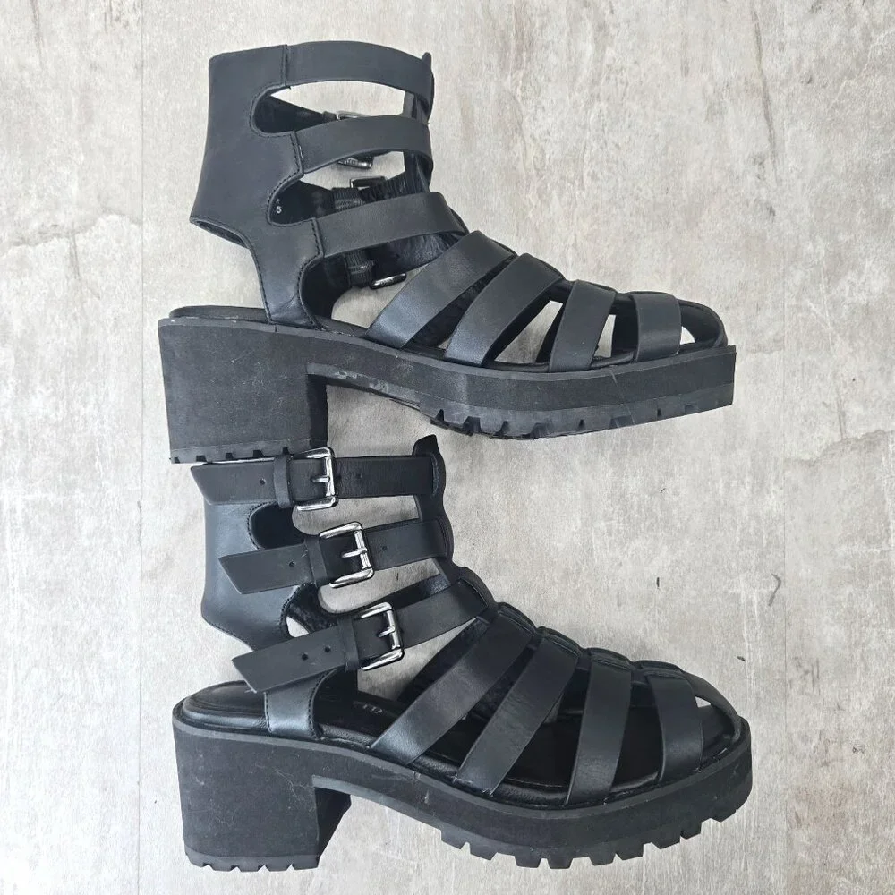 Aldo Fisherman Sandals Sz 7 Black Leather Grunge Goth Strappy Caged Chunky Lug - Picture 5 of 12